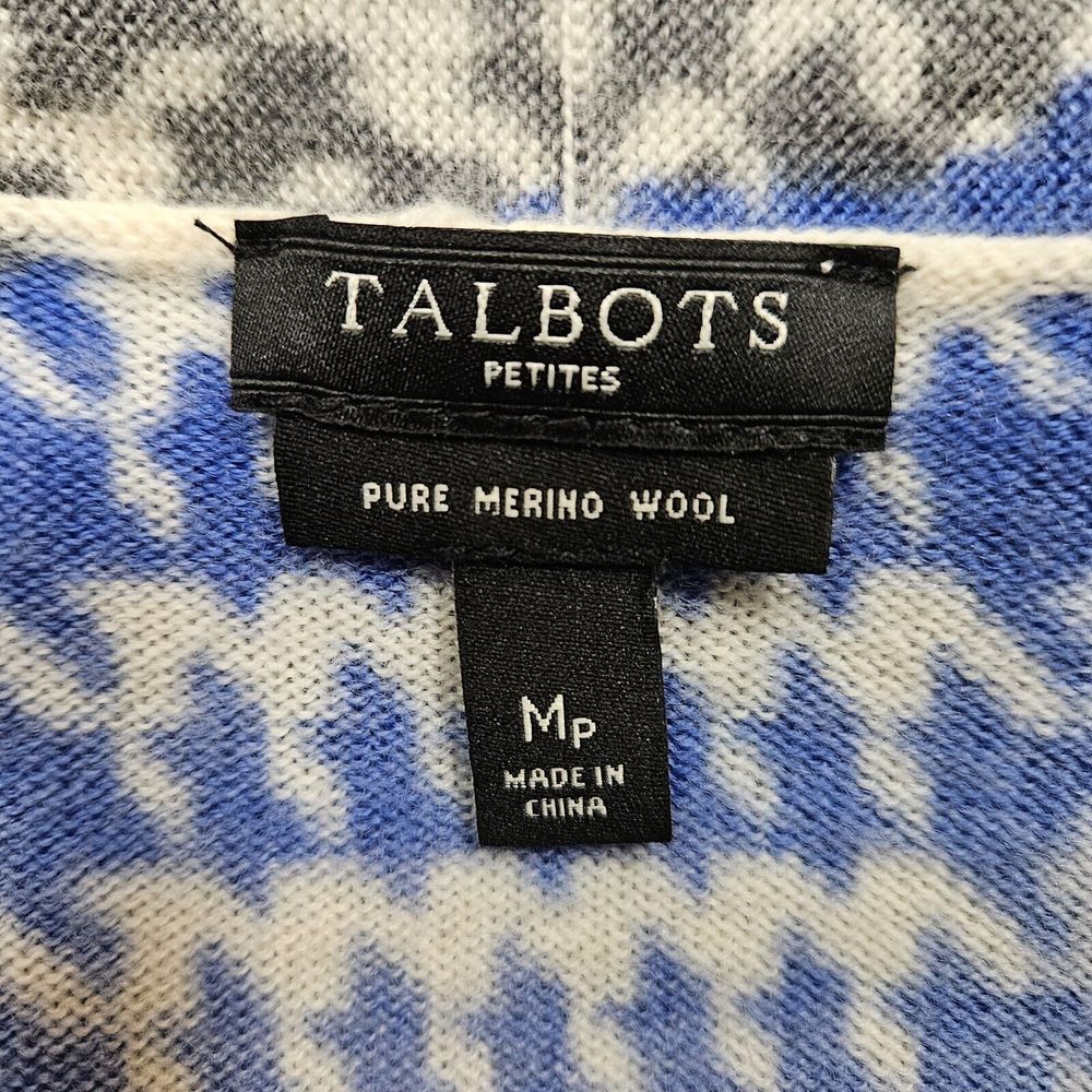 Talbots Petite Medium PM‎ Blue Multi Merino Wool Houndstooth Cardigan Sweater - Picture 7 of 8